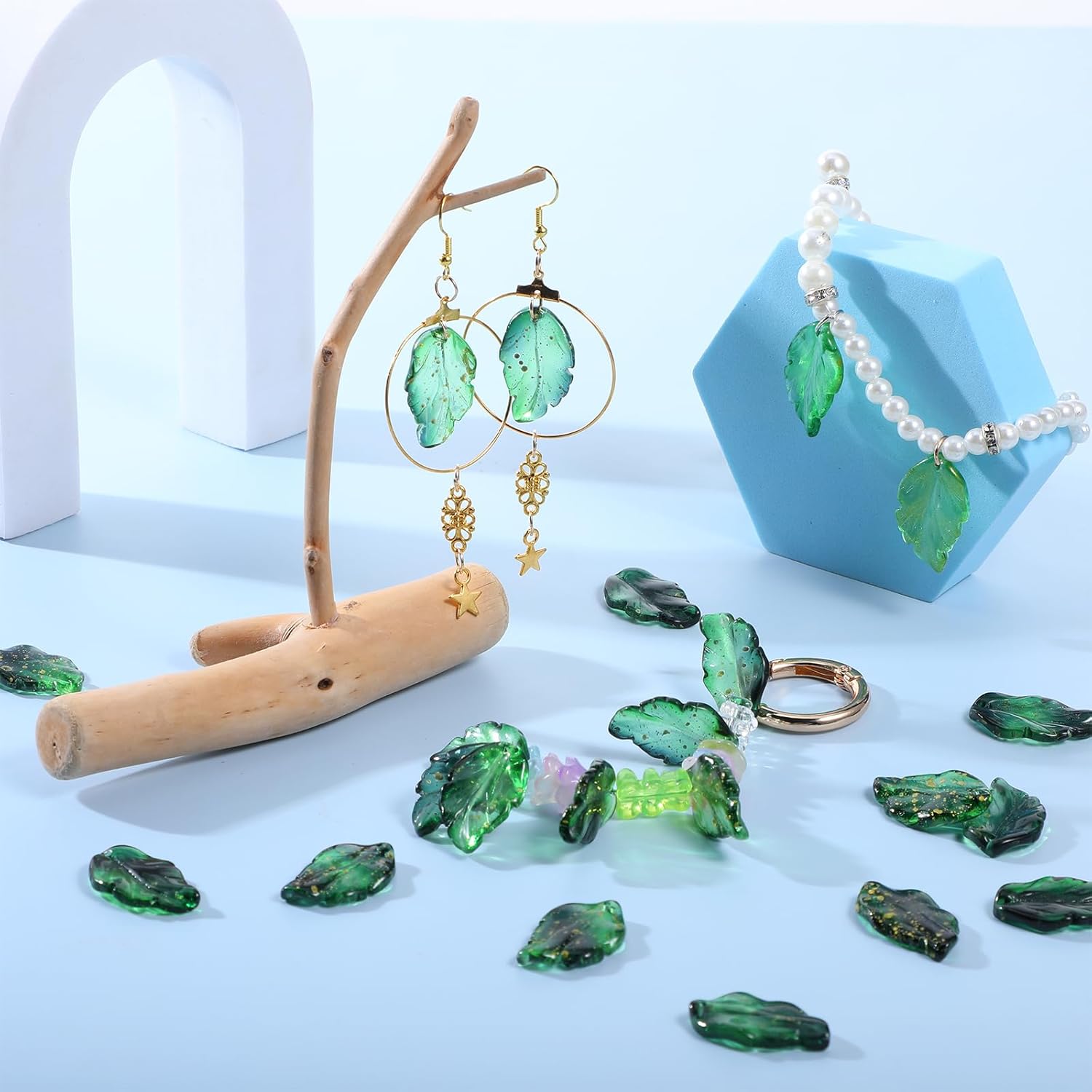 TIESOME 50Pcs Green Glass Leaf Beads, Crystal Leaf Pendant Charms Translucent Czech Glass Beads for DIY Jewelry Making Craft Bracelets Necklaces Keychains Wind Chimes - Image 5