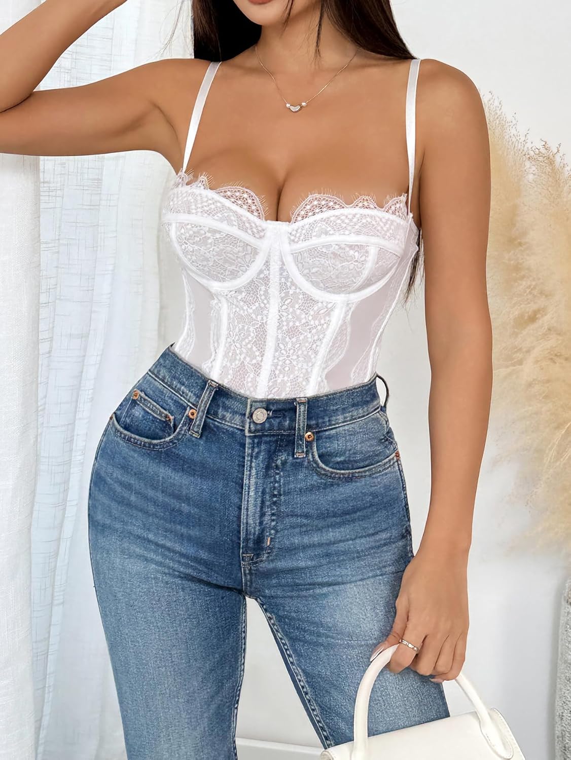 Lace Corset Bodysuit for Women Sexy Underwire Bustier Top Floral Lace Lingerie One Piece Shapewear Bodysuit