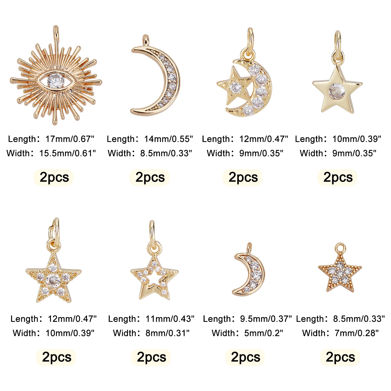 SUPERFINDINGS 16Pcs 8 Style Moon Sun Star Charms Colgantes de Diamantes de Imitación de Latón Eye Cubic Zirconia Charms para Bricolaje Collar Pulsera Fabricación de Joyas