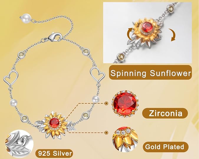 Spinning Sunflower Bracelet for Women, Heart Floral Bracelets for Wife Gift