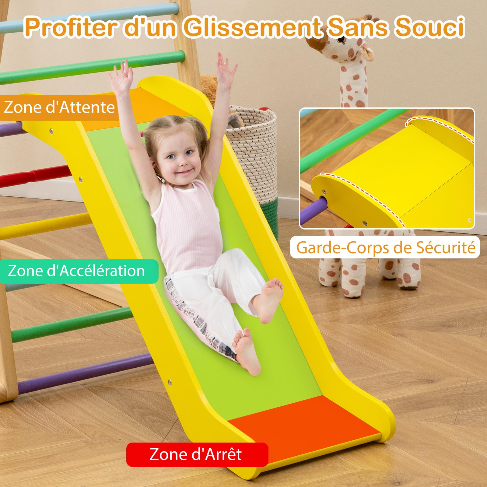 COSTWAY 4 en 1 Triangle d'escalade Montessori en Bois Enfants avec Toboggan, Aire de Jeu d’Escalade Intérieur avec Filet & Échelle d'escalade Montessori, Charge 50kg pour Bébé de 1 an+
