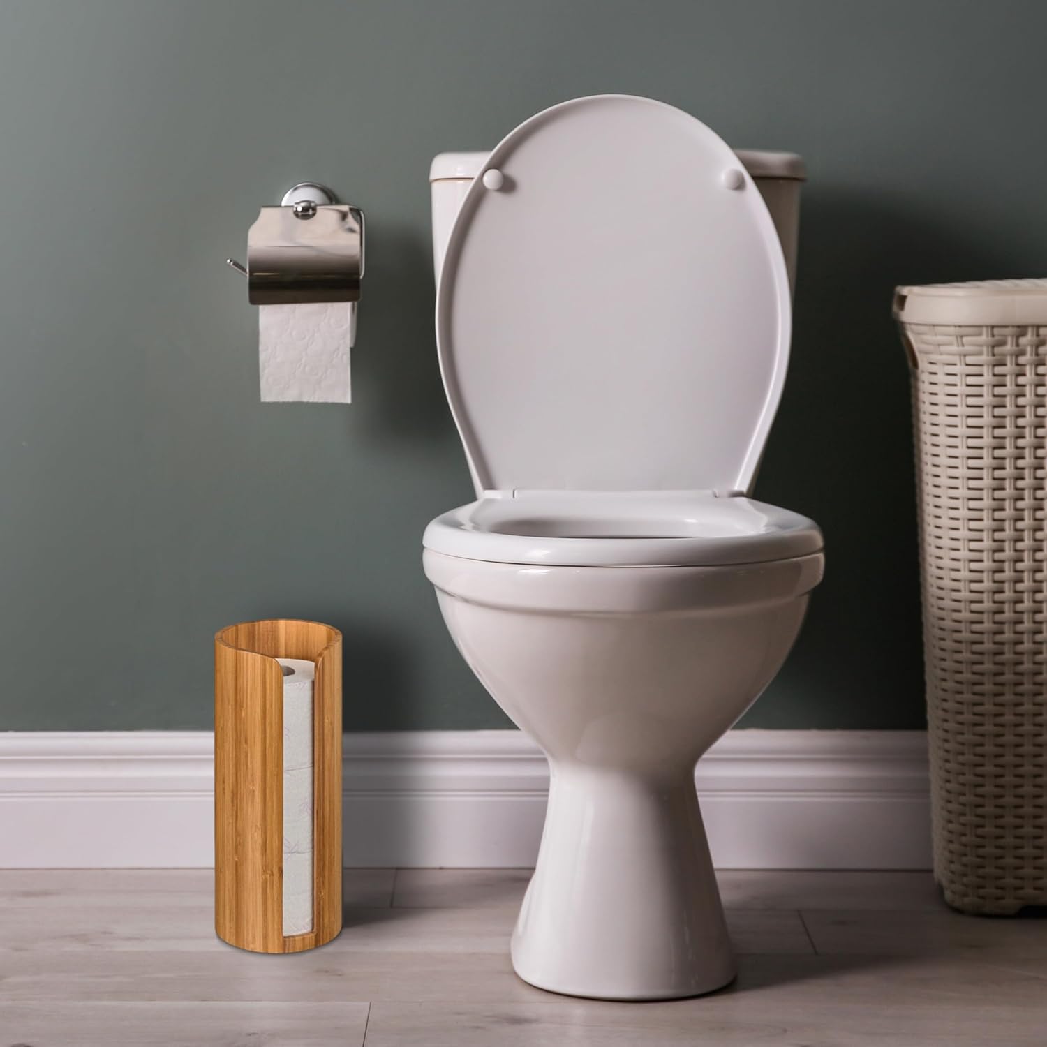 Relaxdays Toilet Paper Holder, Bamboo, for 3 Spare Rolls, Standing Storage Round Cabinet, 33.5 x 14.5 x 14.5 cm, Natural