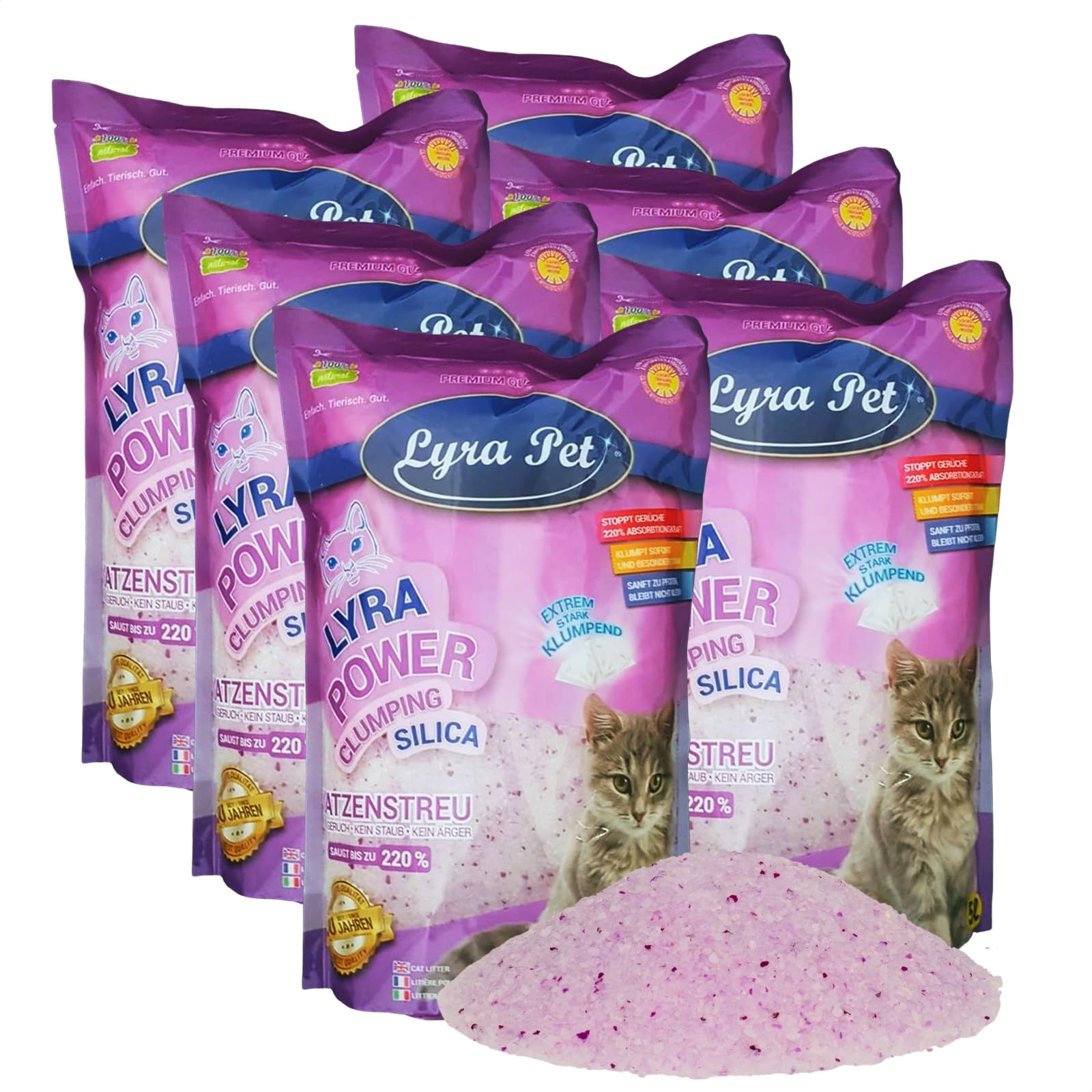 Lyra Pet® 6 x 5 L = 30 L Lyra Power Silikat klumpend Katzenstreu Klumpstreu | Clumping Silica - Stark Klumpende Katzenstreu - Neutralisiert den Geruch - Staubfrei - Nachfüllen statt Neufüllen