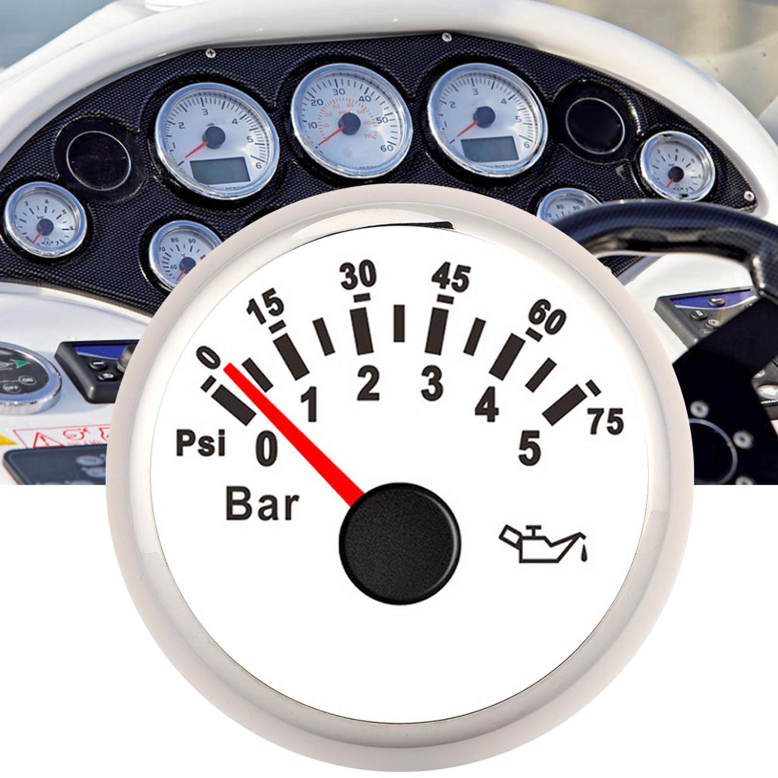 Manometro olio 2in 0-10 bar Misuratore pressione olio 145psi Strumento quadrante retroilluminato a LED per auto moto barca camion 12V/24V(bianca)