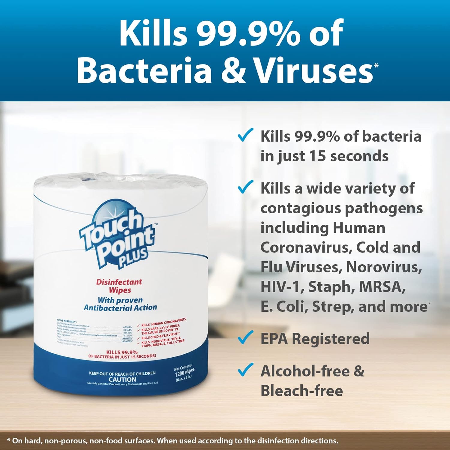 Touch Point Plus Disinfectant Wipes Roll - 2400 8”x6” Wipes, Pre-Saturated for Industrial, Fitness, Office, and Home Cleaning, EPA Registered for Killing Bacteria, SARS-CoV-2, and Viruses