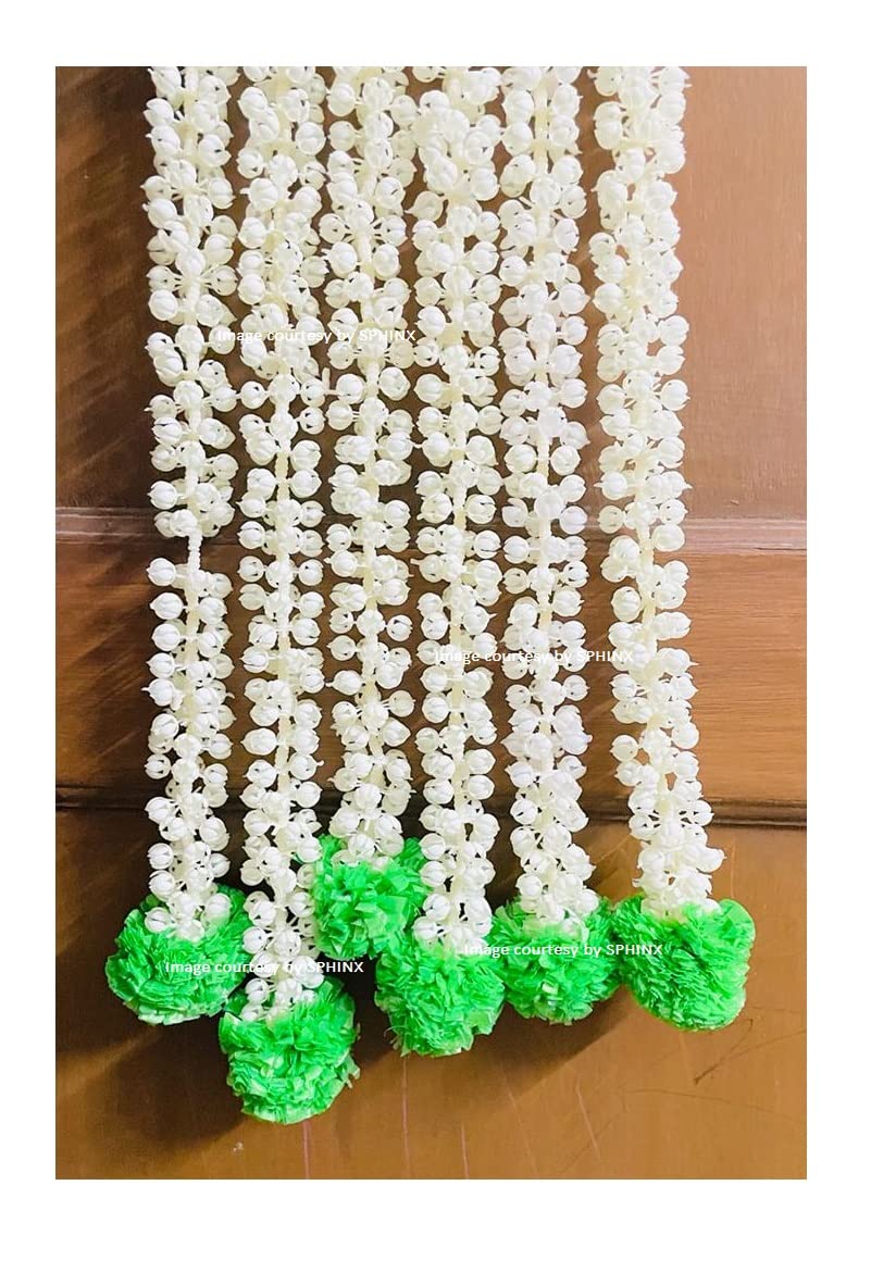 Sphinx artificial jasmine buds (mogra phool) and fluffy marigold garlands/strings/torans for decoration (approx. 2.5 ft/30 Inches height)- (Green, 2)