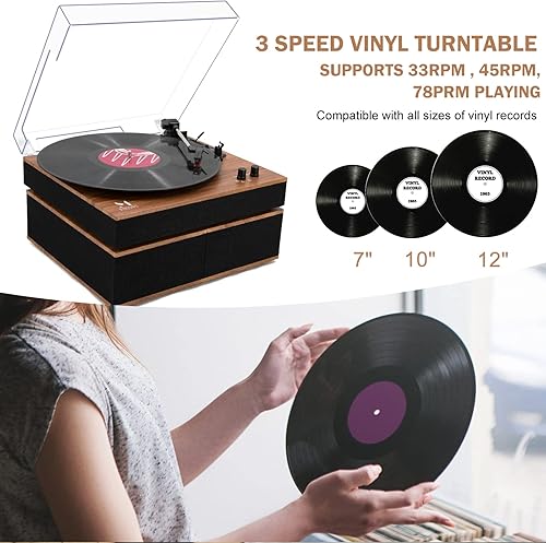 Miniatura 5 de MPK - Tocadiscos Bluetooth, sistema de alta fidelidad con altavoces de estantería, tocadiscos de vinilo de 3 velocidades con transmisión por correa