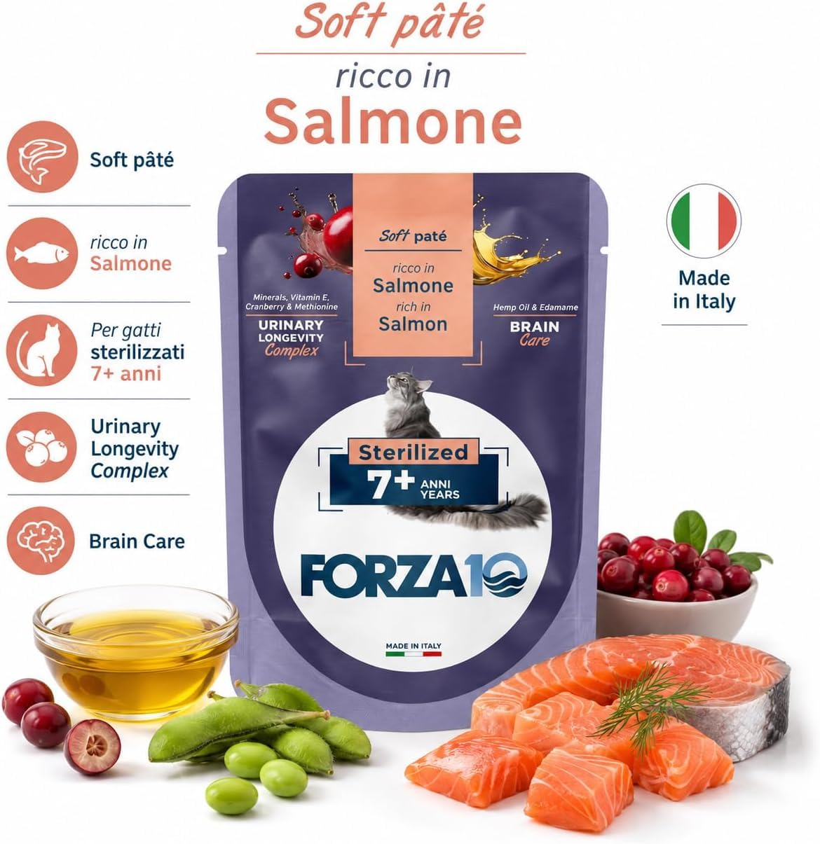 Soft Patè Gatto Salmone 7 anni sterilized– Forza10 Cibo Umido per Gatti Anziani sterilizzati di tutte le Taglie e Razze,Monoproteico,24 Bustine x 80g, Alimento Completo.