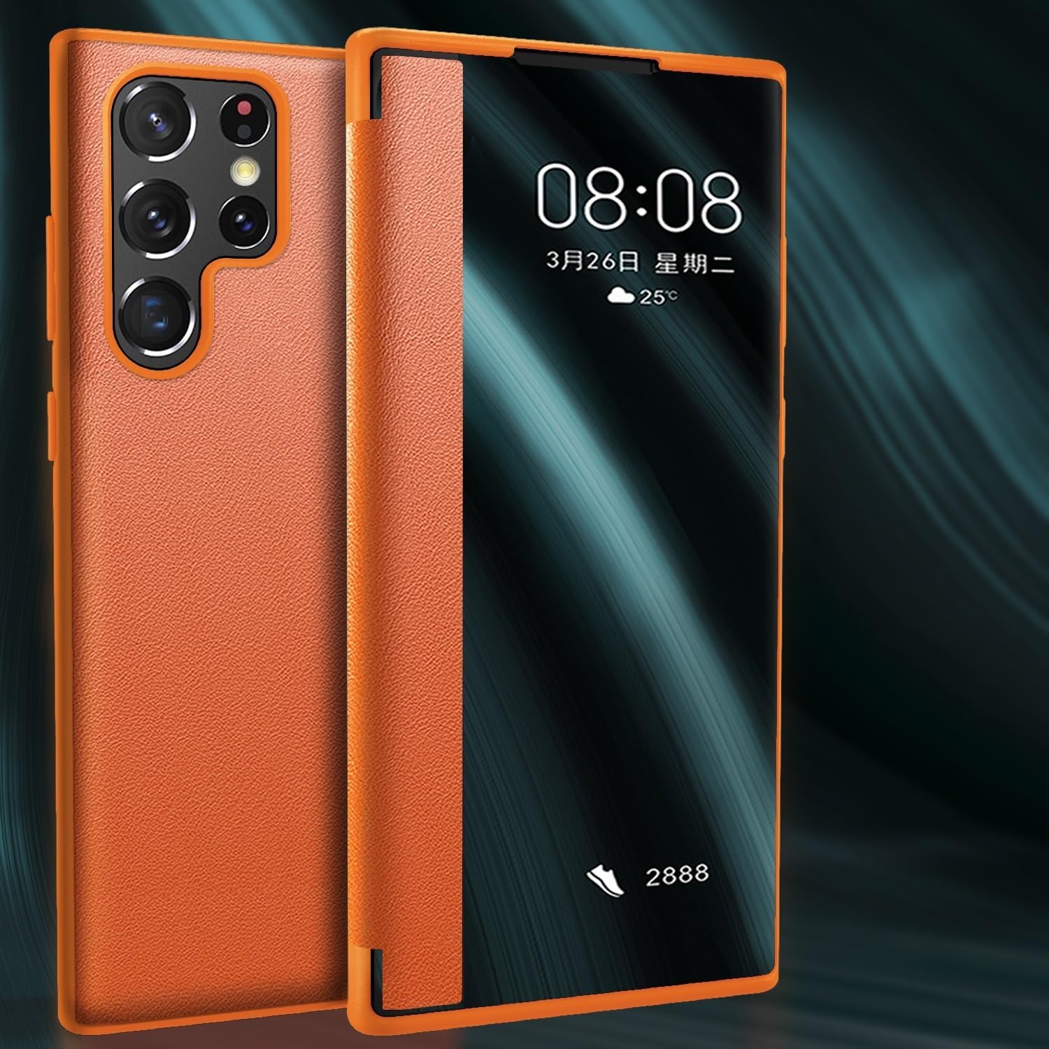 Smart Case Compatible with Samsung Galaxy S23 Ultra, Translucent View Window Ultra Slim Leather Protective Case for Samsung Galaxy S23 Ultra（Orange）