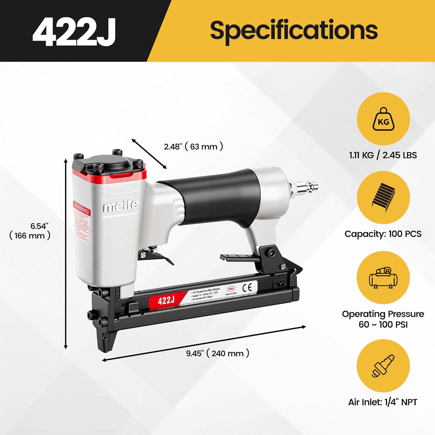 meite 422J Pneumatic Upholstery Stapler 20 Gauge J4 Series 1/5-Inch Crown 1/2-Inch to 7/8-Inch Leg Length Fine Wire Staple Gun for Wood, Furniture and Leather