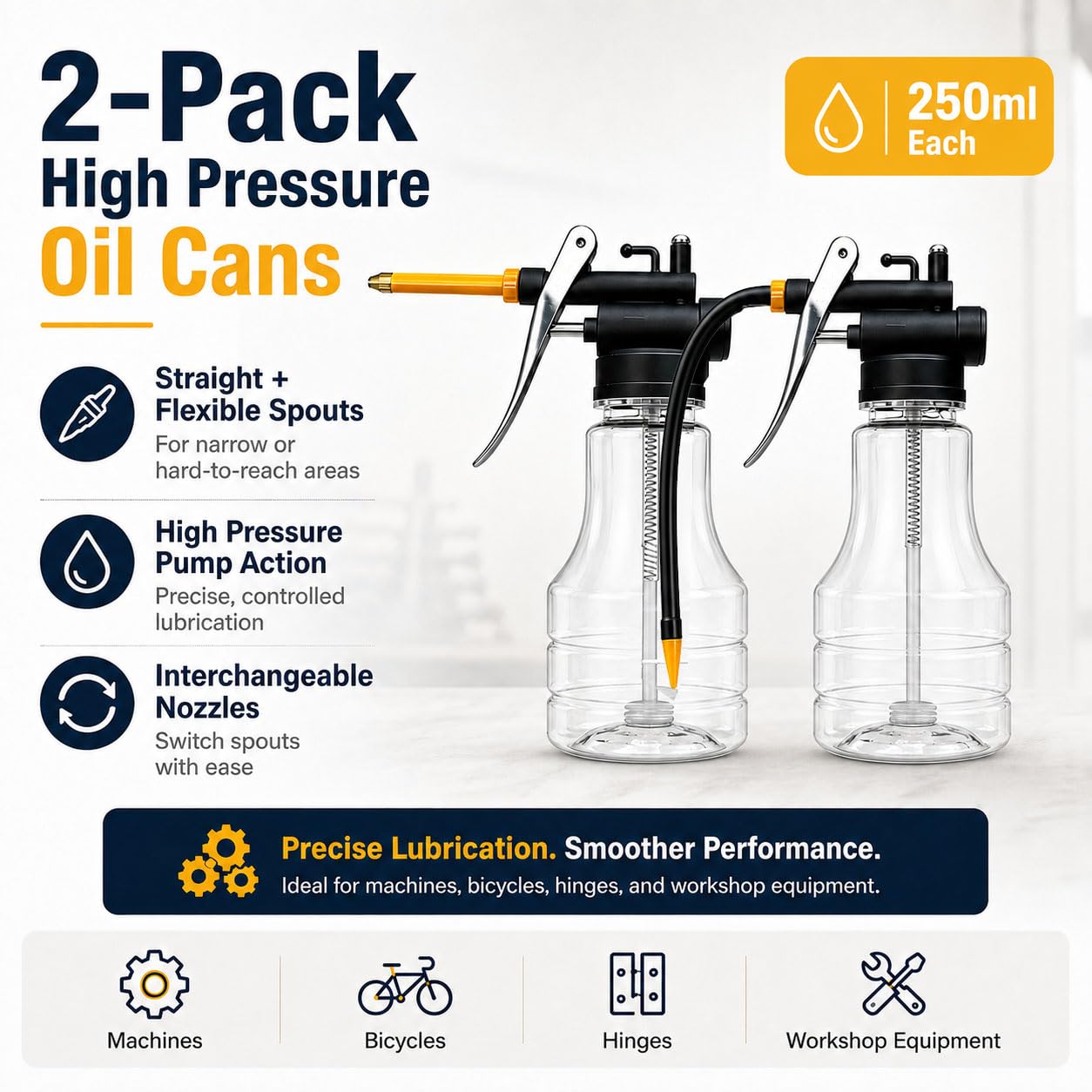 2 Pack 250ml High Pressure Oil Cans with Straight Spout & Flexible Hose, Hand Pump Oiler Bottles for Machine Tools, Bicycle Chains, Hinges, Bearings, Automotive & Workshop Use