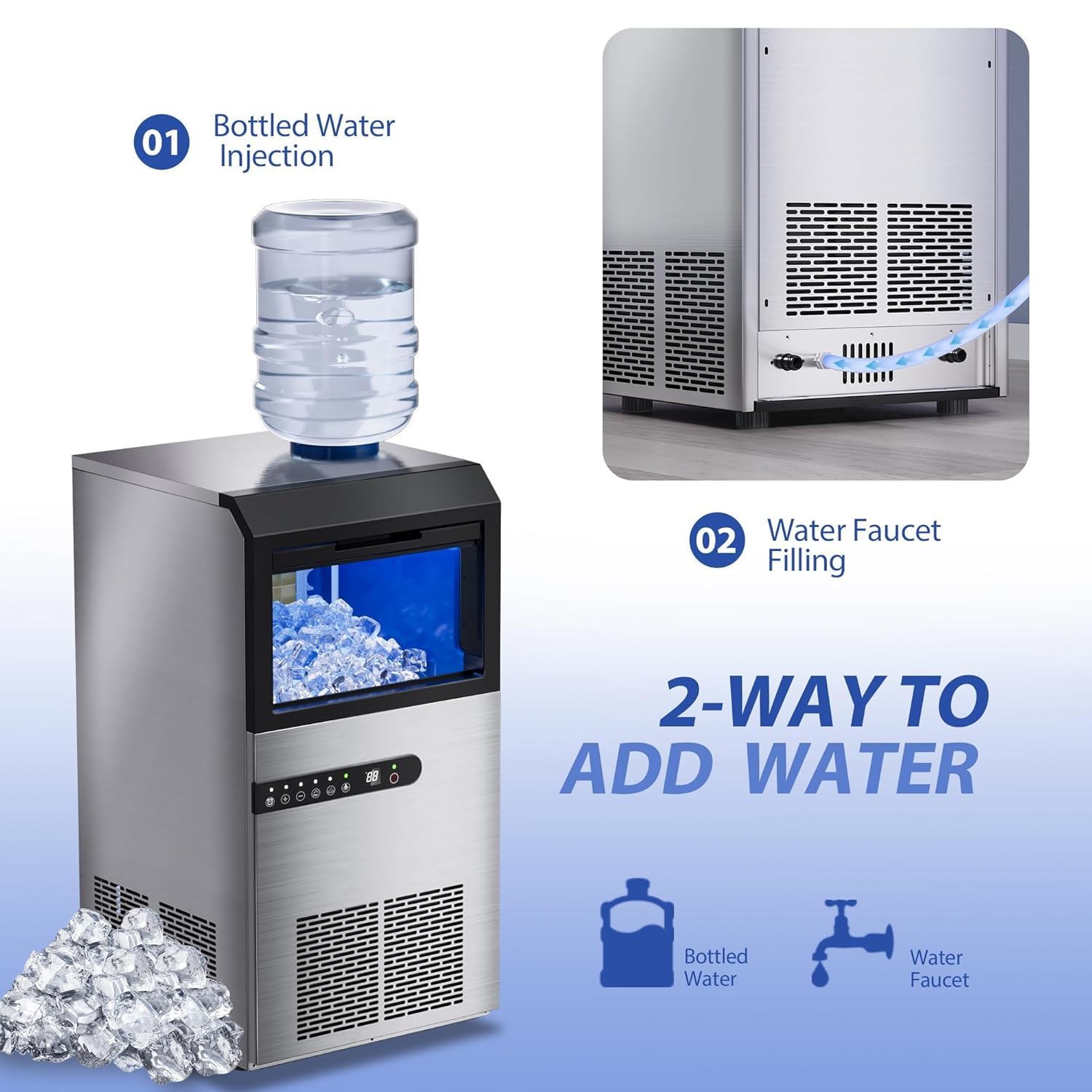 Commercial Ice Maker Machine, 120lbs/24H Stainless Steel Under Counter ice Machine with 45 Ice Cubes/Cycle, 2 Water Inlet Modes, Self Clean, 24H Timer,29LB Storage Bin for Bar, Coffee Shop, Home