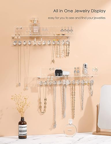 Miniatura 2 de Organizador de joyas colgante de acrílico montado en la pared con estante flotante, organizador de collar y organizador de aretes para mujeres y