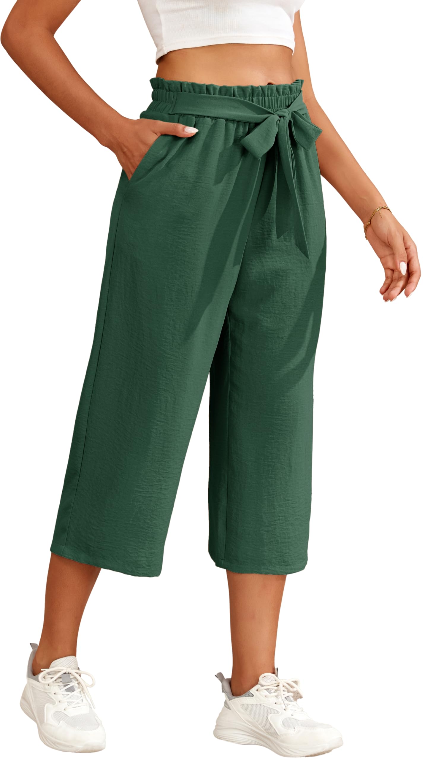 WUWUSKY Damen 3/4 Culotte Hose Leichte Sommerhose Weites Bein Lässig Hose Elegante Hosen mit Taschen