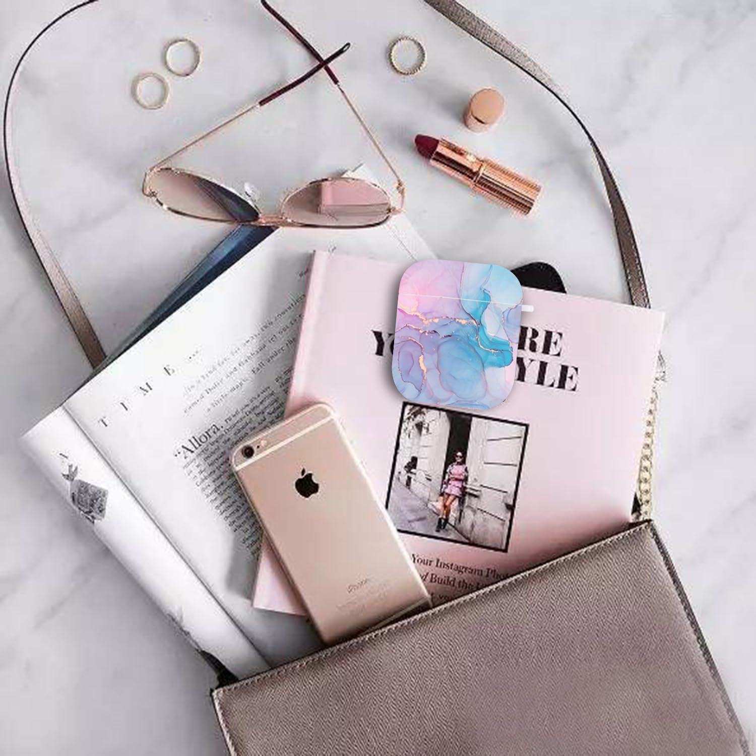 Protective Hard Case Cover with Cleaner Kit Portable Shockproof Women Girls with Keychain for Apple Airpods 2/1 Charging Case - Watercolor Marble image 4