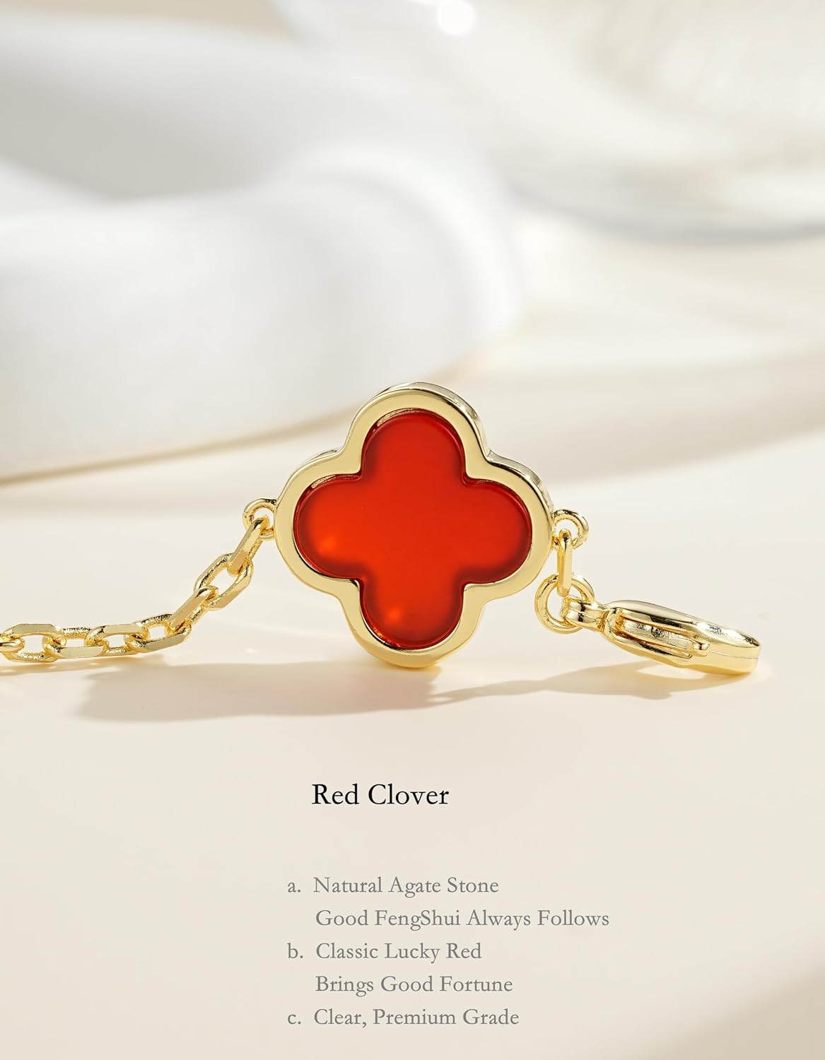 Gold Plated Clover Bracelet with Natural Red/Black Agate, Feng Shui Wealth and Good Luck Boost, Gift for Women and Men