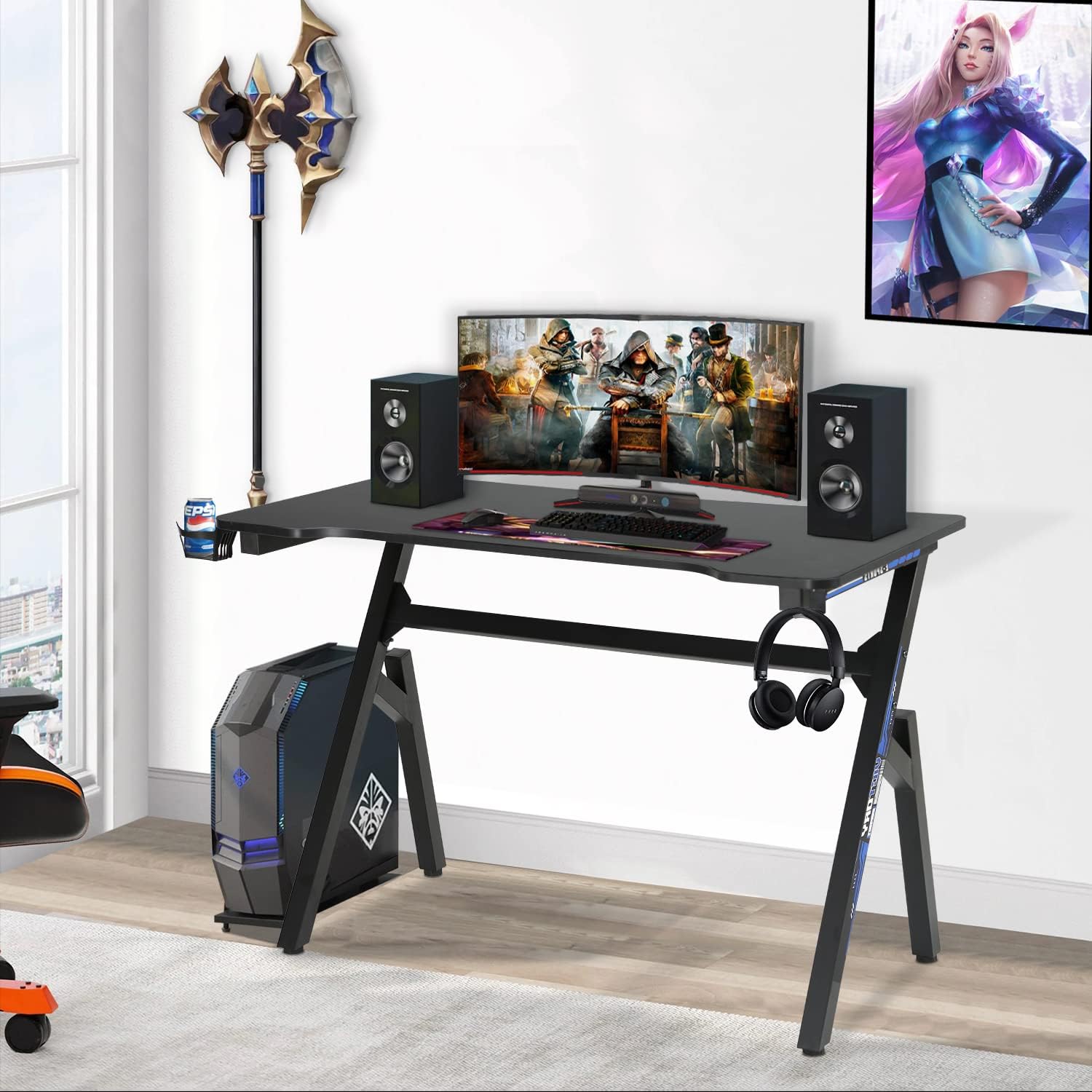FDW Computer Desk Gaming Desk Student PC Desk Writing Desk Office Desk Modern Ergonomic Racing Style Table Workstation Carbon Fiber Headphone Hook (47in, Blue)