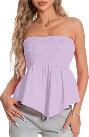 TAIPOVE Tube Tops for Women Smocked Summer Strapless Bandeau Shirt Ruffle Hem Cute Peplum Trendy Going Out Outfits