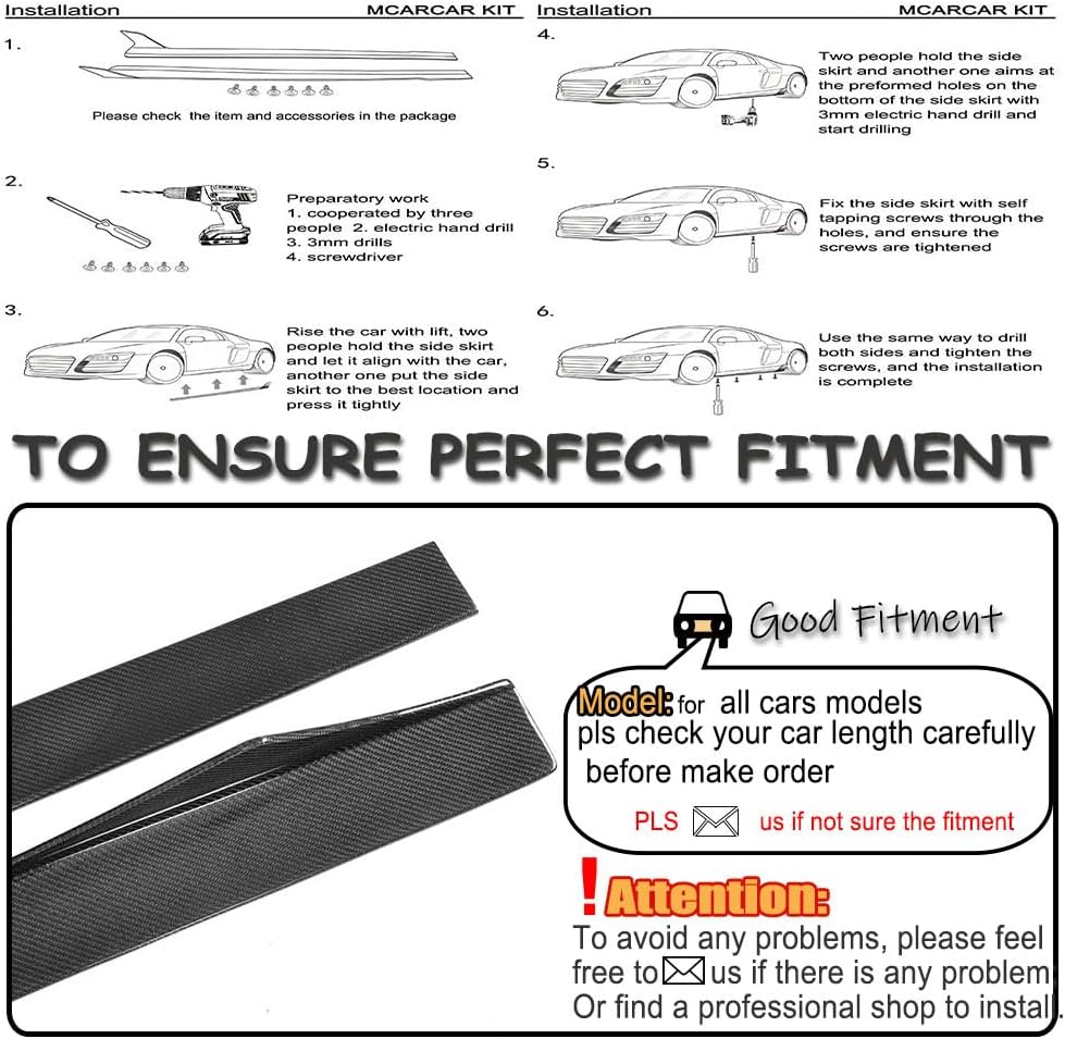 Universal Door Side Skirts fits Alfa Romeo Dodge Toyata Honda Accord Civic Infiniti Q50 Carbon Fiber Car Exterior Extension Rocker Pannel Apron (215cm/84.65inches)