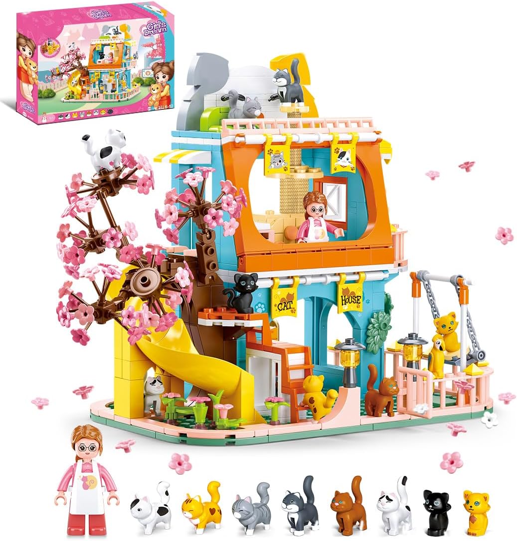 BrickTribe Cat House Building Set, Animal Playground Crossing Toy with 8 Cats and a Doll Minifigures Compatible with Lego Friends Pet Sets, Easter Gift Idea for Girls Kids Aged 6-12