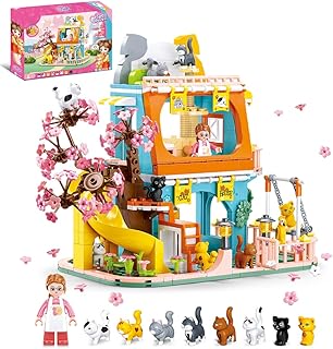 Cat House Building Set, Animal Playground Crossing Toy with 8 Cats and a Doll Minifigures Compatible with Lego Friends Pet Sets, Thanksgiving Christmas Birthday Gift Idea for Girls Kids Aged 6-12