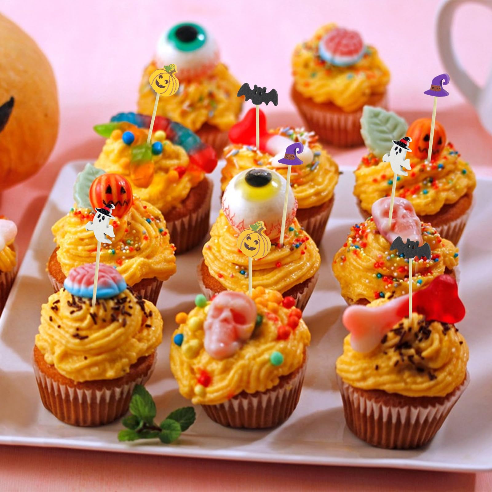 Xmart 200 Piezas Palillos Aperitivos Halloween Cóctel Brocheta Aperitivo Pinchos Cocktail con Sombrero Bruja Cabeza Calabaza MurciéLago y Decoraciones Fantasma para Temáticas Halloween Fiesta