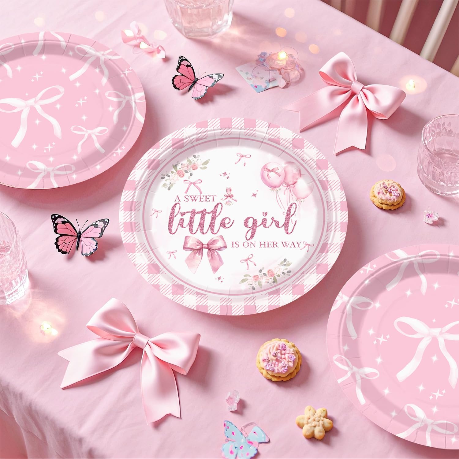 cocomigo 238 Pcs Pink Bow Baby Shower Decorations, All-in-One Party Pack for 20 Guests, Includes Tableware, Backdrop, Banner, Balloons and More for Bow Themed Baby Shower Decorations