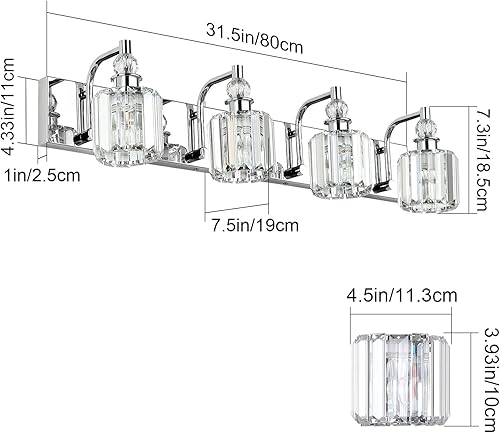 Miniatura 5 de Ralbay Lámpara de tocador de baño de cristal  4 luces modernas de cristal para baño, lámpara de tocador de acero inoxidable cromado para lámparas de