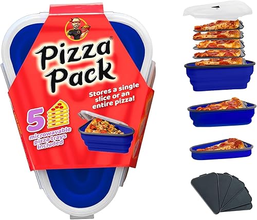 PIZZA PACK - Recipiente reutilizable perfecto para guardar porciones de pizza, con 5 bandejas aptas para microondas, sin BPA, para organizar y