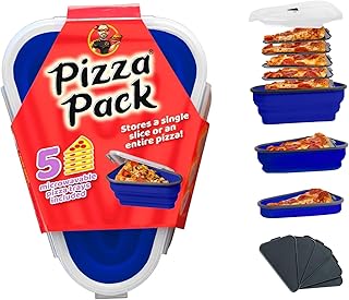 The Perfect Pizza Pack™ - Reusable Pizza Storage Container with 5 Microwavable Serving Trays - BPA-Free Adjustable Pizza Slice Container to Organize & Save Space, Blue