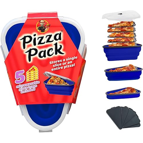 The Perfect Pizza Pack™ - Reusable Pizza Storage Container with 5 Microwavable Serving Trays - BPA-Free Adjustable Pizza Slice Container to Organize & Save Space, Blue