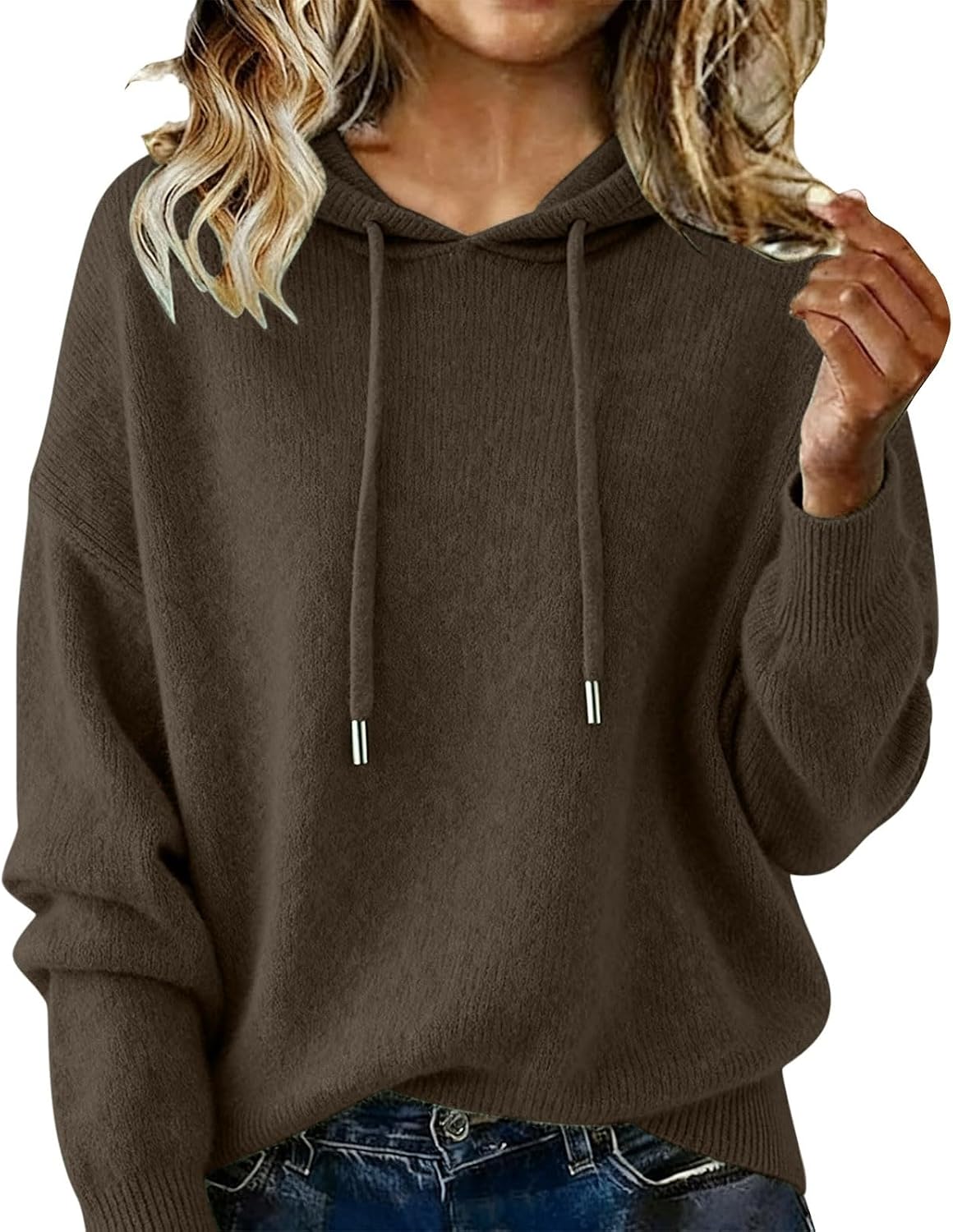 Heevina Sweaters for Women Hoodie Solid Color Drawstring Hooded Sweatshirts Warm Sweater Long Sleeve Jumpers Winter