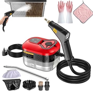 Handheld High Temperature Pressurized Steam Cleaner 2500W for Home Use, 6 Speeds Cleaning Machine for Tile Grout Kitchen Grease Sofa Upholstery Car Detailing Black and red