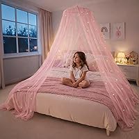 Pink Princess Bed Canopy with Glow-in-the-Dark Stars for Girls - Fits Twin Full Queen Beds, Magical Kids Room Decor