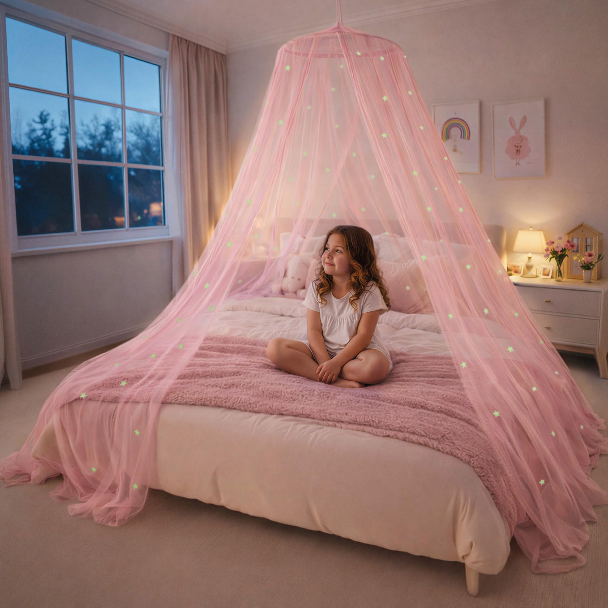 Pink Bed Canopy for Girls with Glowing Stars - Premium Canopy Bed Curtains | Fits Single, Twin, Full, Queen Size Kids Bed, Princess Netting Room Decor, Ceiling Tent to Cover Toddler, Canopy for Bed