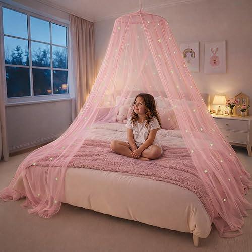 Pink Bed Canopy for Girls with Glowing Stars - Premium Canopy Bed Curtains | Fits Single, Twin, Full, Queen Size Kids Bed, Princess Netting Room Decor, Ceiling Tent to Cover Toddler, Canopy for Bed