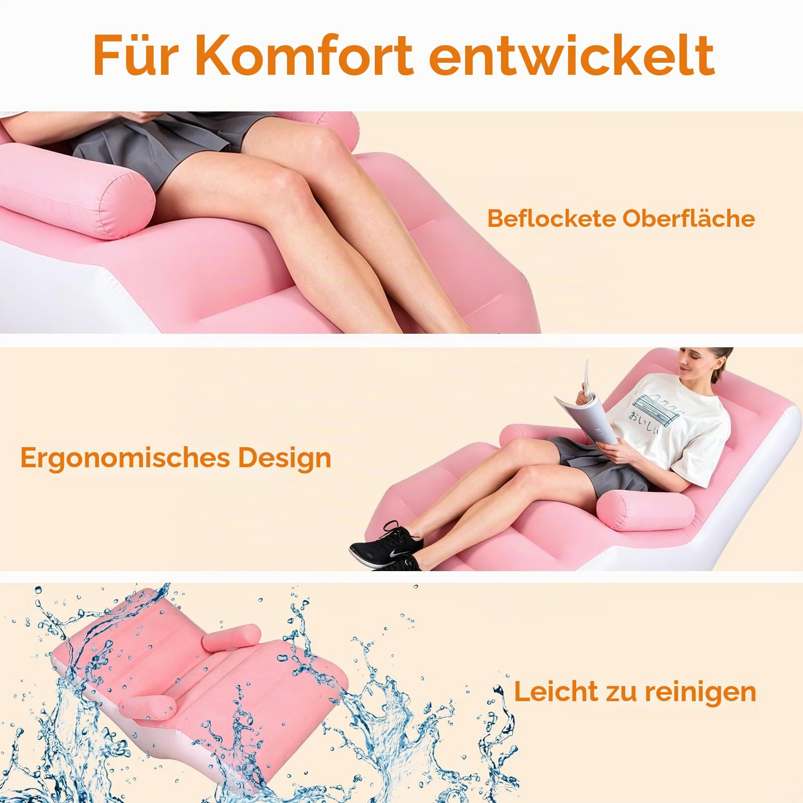 Luftsofa, Campingsofa mit Fußhocker, Tragbare Flocking Aufblasbare Couch, Aufblasbarer Sessel, Pool Sessel, Airlounge, Sitzsack Outdoor, für Camping, Zuhause (1, S Rosa, 1 Person)