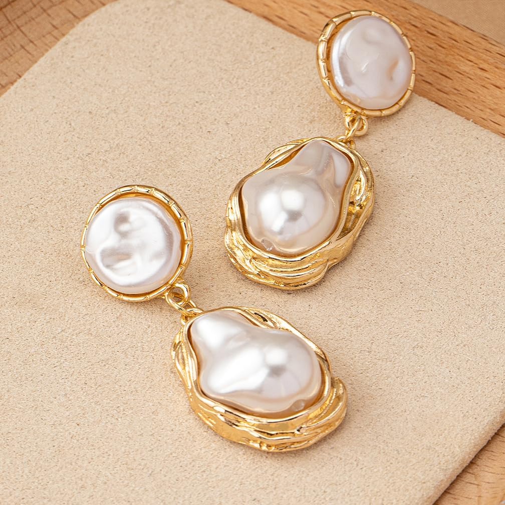 Vintage Baroque Pearls Dangle Earrings for Women Fashion Large Faux Fake Pearl Dangling Earring Funky Formal Geometric Jewelry Two Tone Accessories - Image 5