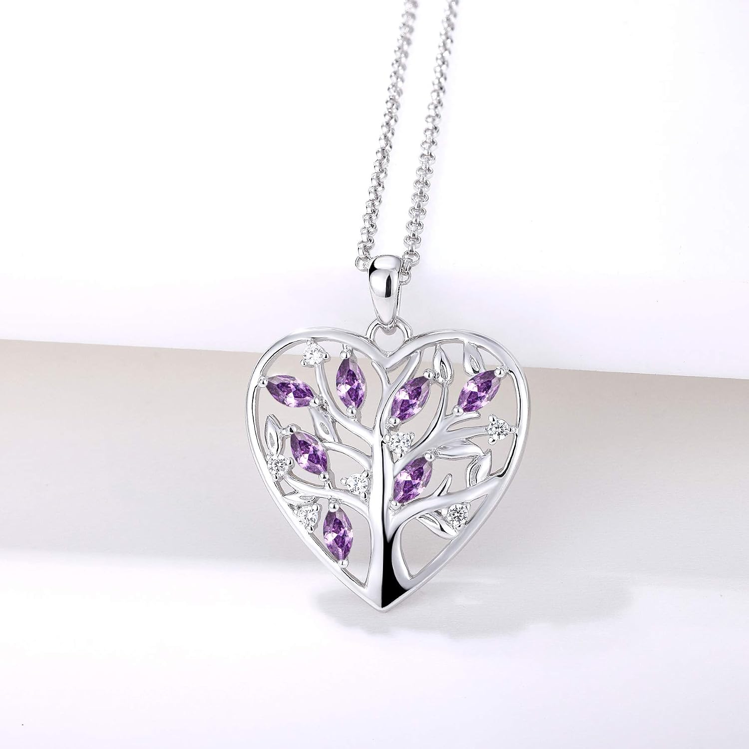 JO WISDOM Women Heart Necklace,925 Sterling Silver Tree of Life Pendant Necklace with 3A Cubic Zirconia February Birthstone Amethyst Color Jewelry for Women - Image 4