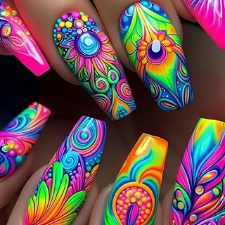 24Pcs Press on Nails Long Length Colorful False Nails Peacock Feather Pattern Design Press Nails Full Cover Coffin Nails Artificial Acrylic Glue on Nails Ballet Shaped Stick on Nails for Women
