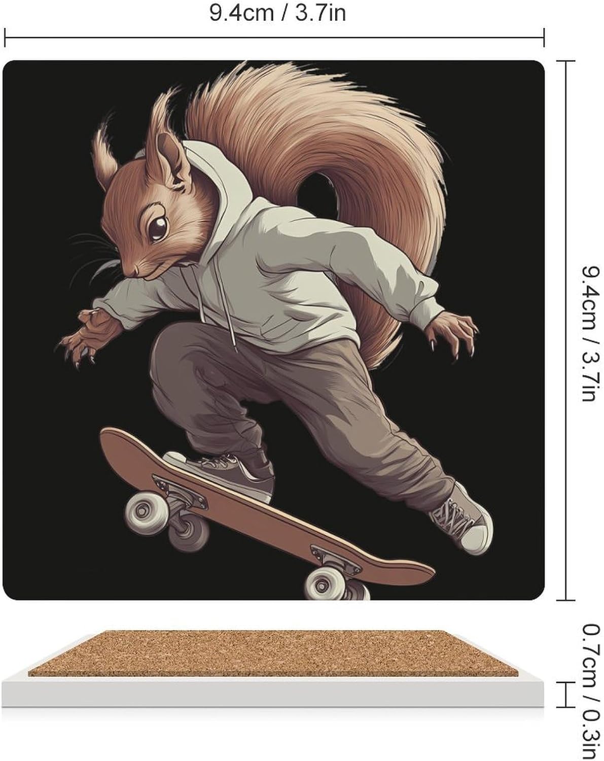 Funny Squirrel Skateboard Skater Ceramic Coasters Set Square Drink Coasters Table Coaster for Kitchen Desktop Decor