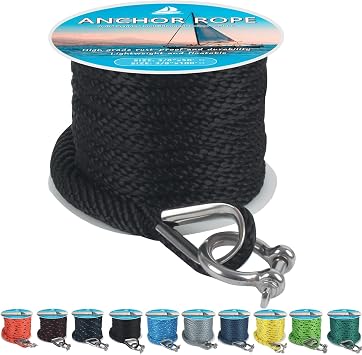 Anchor Rope 50 ft x 1/2 inch, Premium Solid Braid MFP Anchor Line, Boat Anchor Rope with 316 Stainless Steel Thimble & Shackle, Black