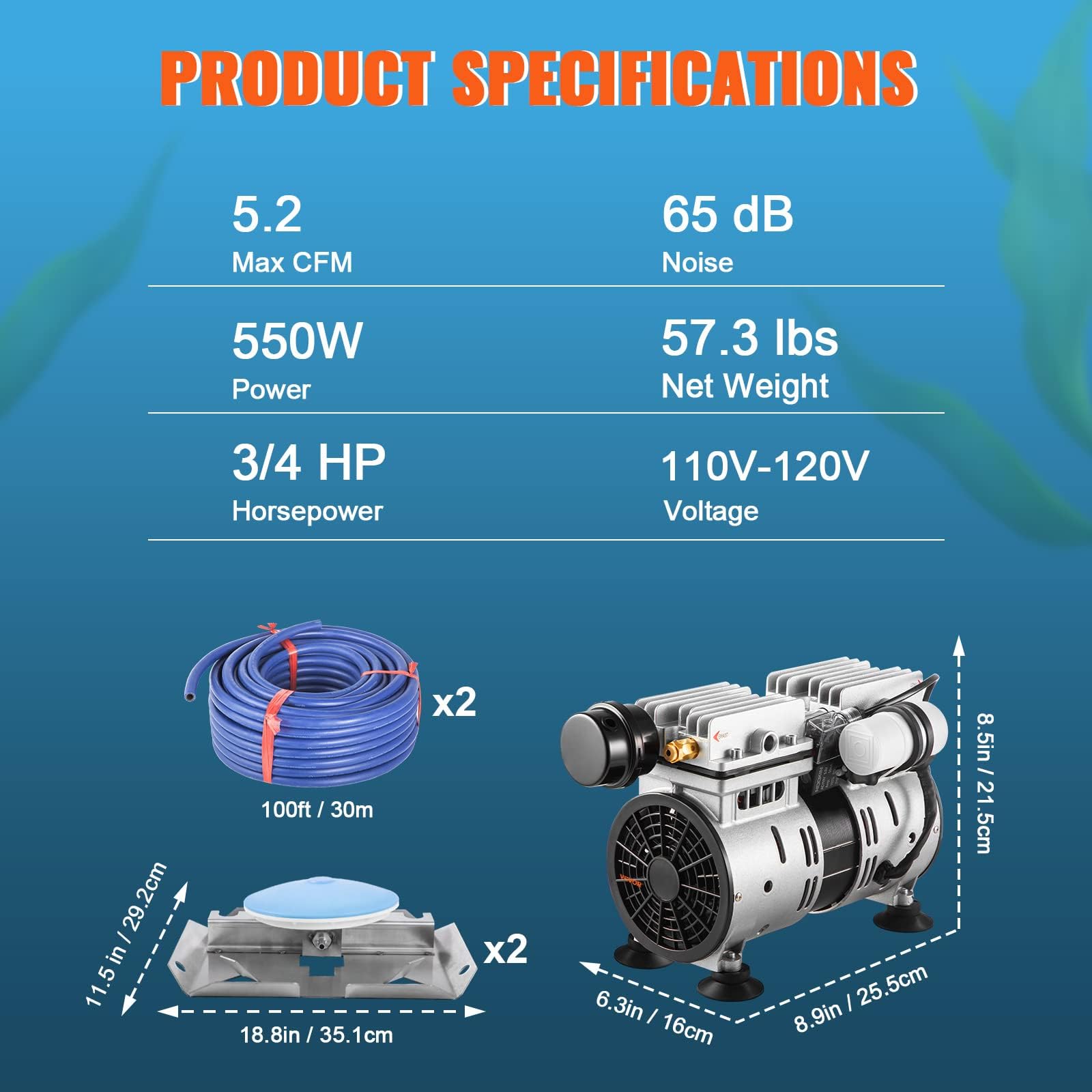 VEVOR Aérateur de Bassin, 550 W, kit système aération de lac, 5,2 CFM pour étang 3 Acres Profondeur 15 m avec compresseur d'air, Tubes 30,5 m, diffuseurs 25,4 cm pour Circulation oxygène Eau Profonde