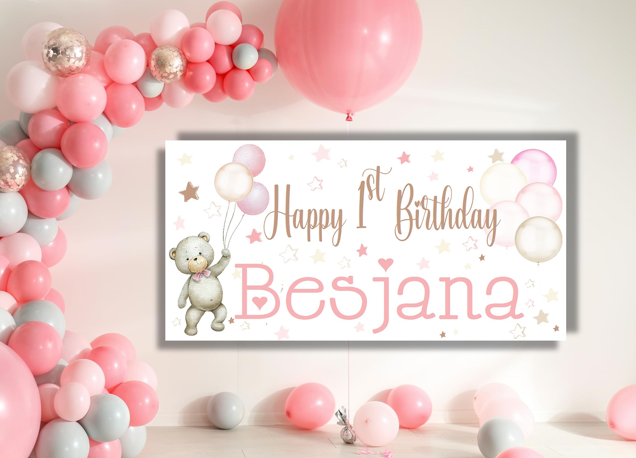 Large Personalised 1st Birthday Backdrop First Birthday Banner for Girls Customised with Name Age Photo Party Decorations Pink One 2nd 3rd (Teddy Bear Pink, 4x2ft - Indoor Banner Paper) — image 1