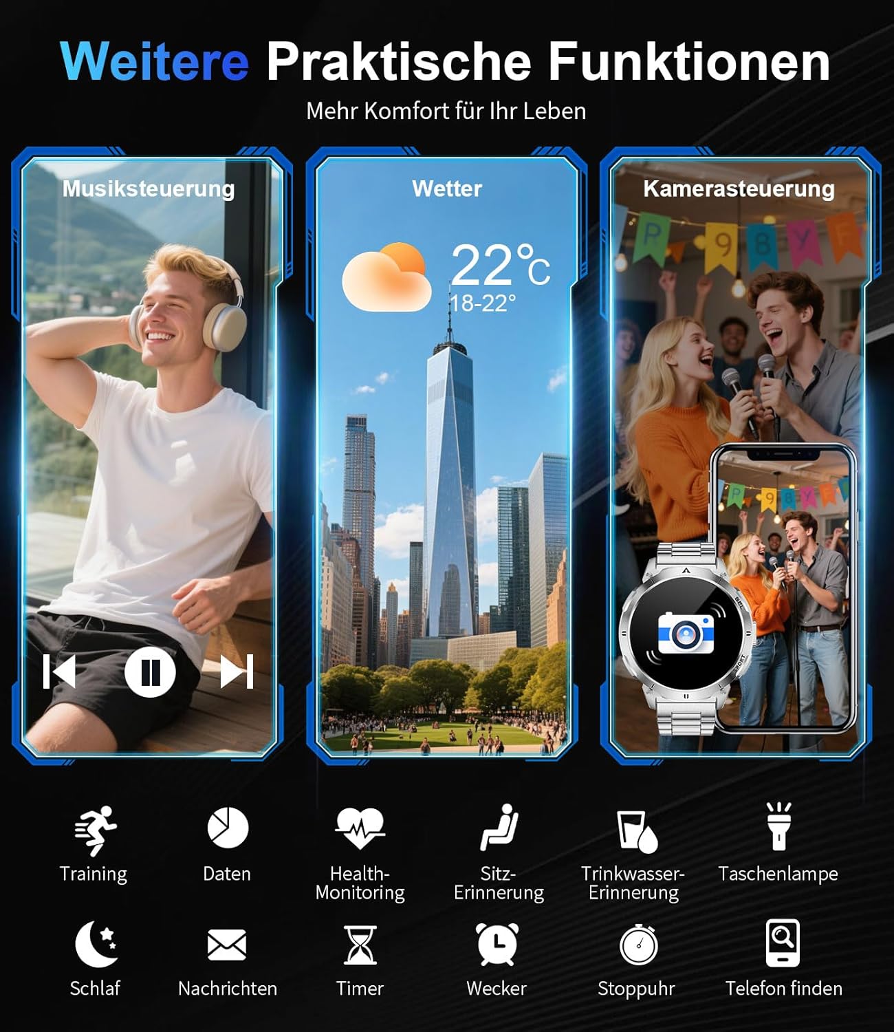 LIGE Smartwatch displaying music control, weather forecast, and remote camera control functions