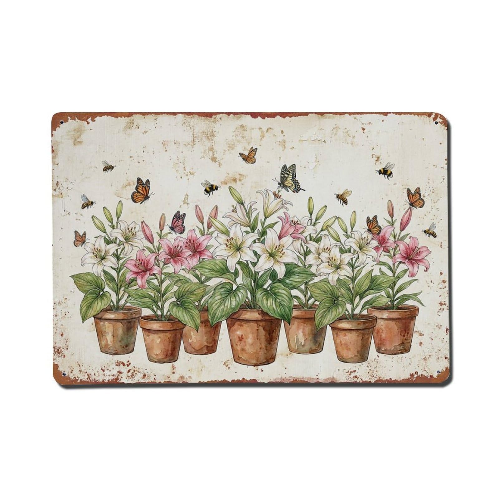 Vintage Rustic Flower Potted Plants Lily Metal Tin Sign