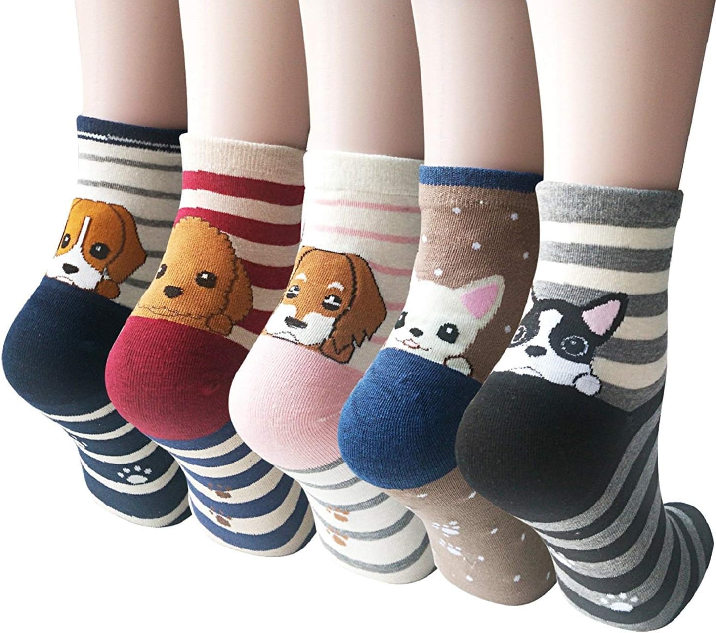 YSense Cute Socks Womens Dog Cat Novelty Animal Socks for girl Cartoon Cotton Casual Crew Funny Socks 5 Pairs, A Dark Blue/Brown/Light Yellow/Brown/Grey Dog Stripes and Paw Print Mixed, M