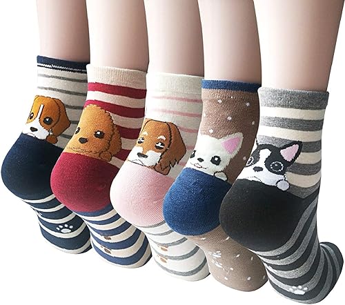 YSense 5 pares de calcetines de animales lindos para mujer, perro, gato, novedad, caricatura, algodón, tripulación casual, calcetines divertidos,
