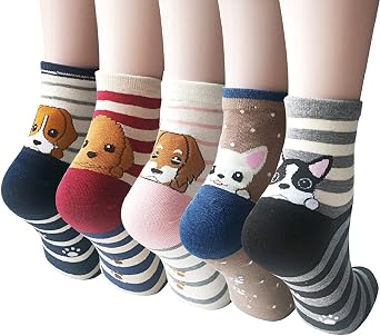 YSense Womens Cute Animal Socks 5 Pairs, Dog Cat Novelty Cartoon Crew Funny Socks Stocking Stuffers Gifts for Women Girl