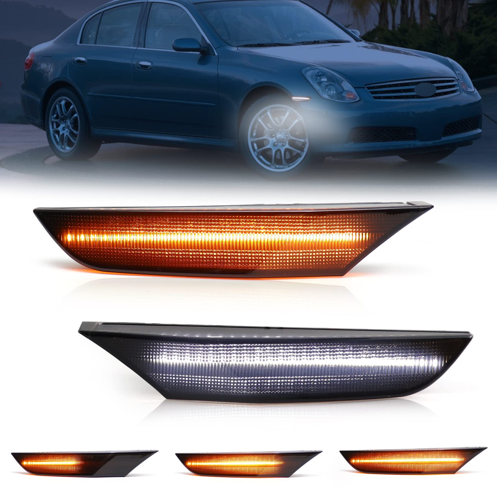 Switchback Ámbar Blanco LED Luces de posición laterales para Infiniti G35 Base X Sport Journey Lente ahumada Parachoques delantero Secuencial Ámbar Intermitentes Blanco Luz de posición